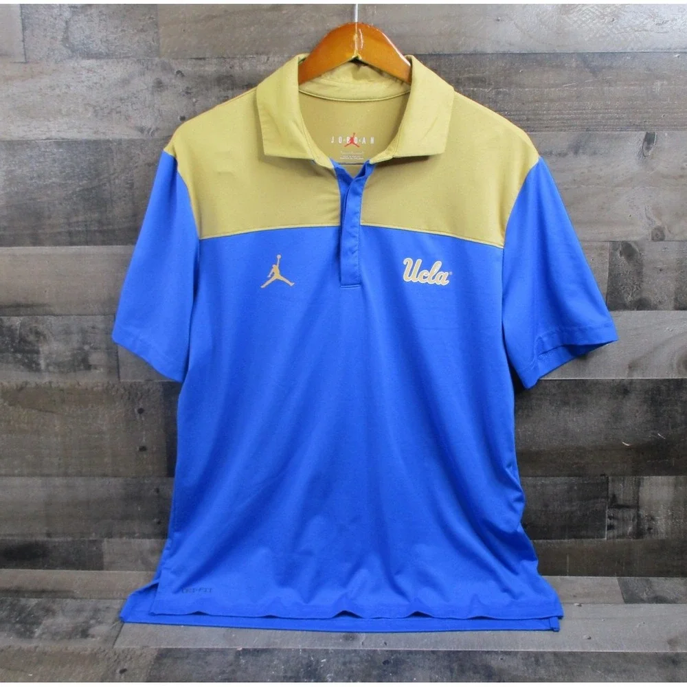 UCLA Bruins Shirt Mens Medium Blue Gold NCAA Basketball Jordan Dri Fit Polo